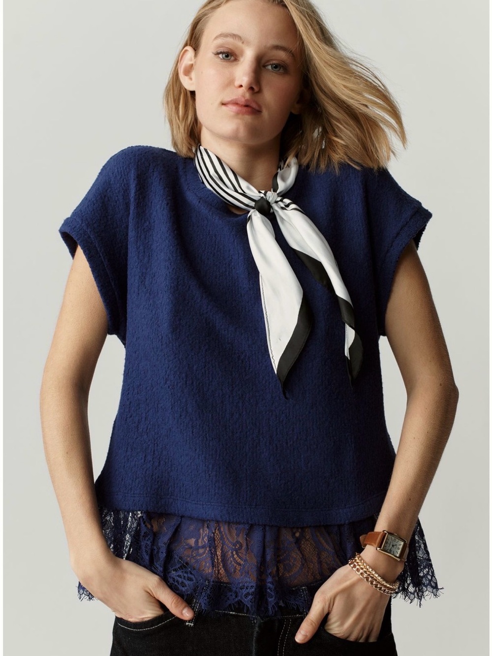 Maeve Royal Blue Lace-Hem Short Sleeve Top